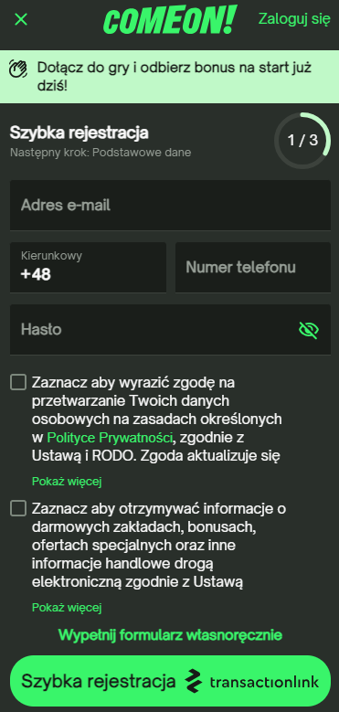 comeon kod bonusowy rejestracja