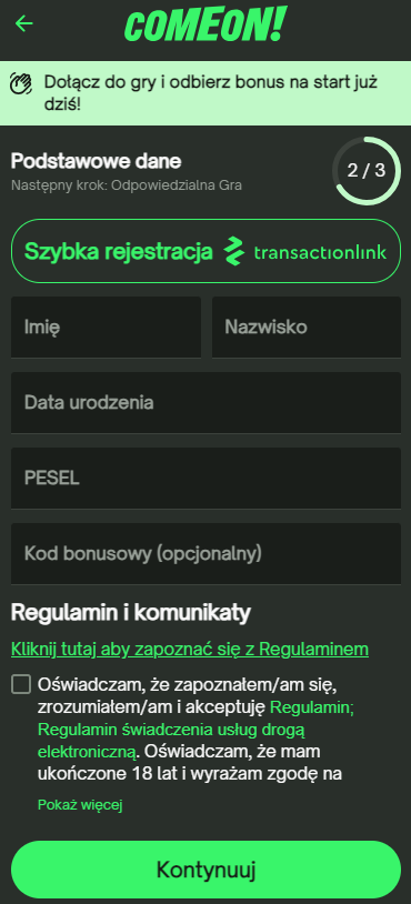 rejestracja w comeon