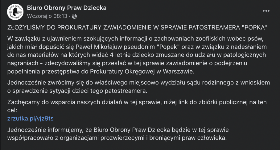 Biuro Obrony Praw Dziecka wysyła sprawę Popka do prokuratury