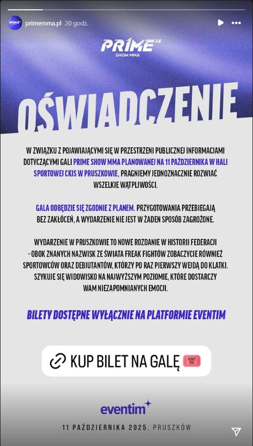 Prime MMA potwierdza lokalizację gali! - Zostaje bez zmian Prime MMA potwierdza lokalizację gali! - Zostaje bez zmian
