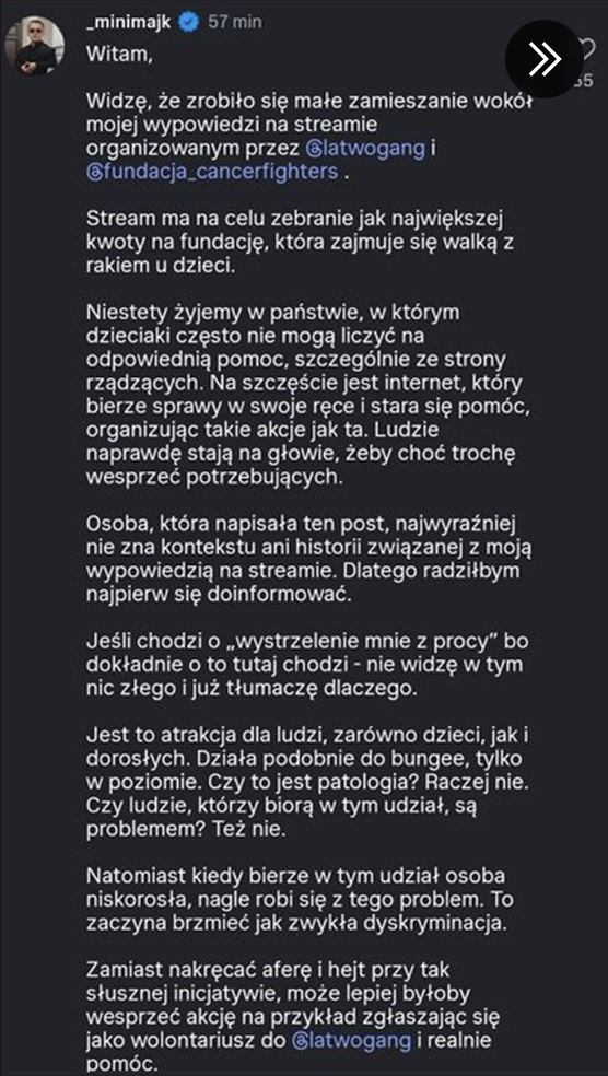 Mini Majk odpowiada fundacji Dajemy Dzieciom Siłę