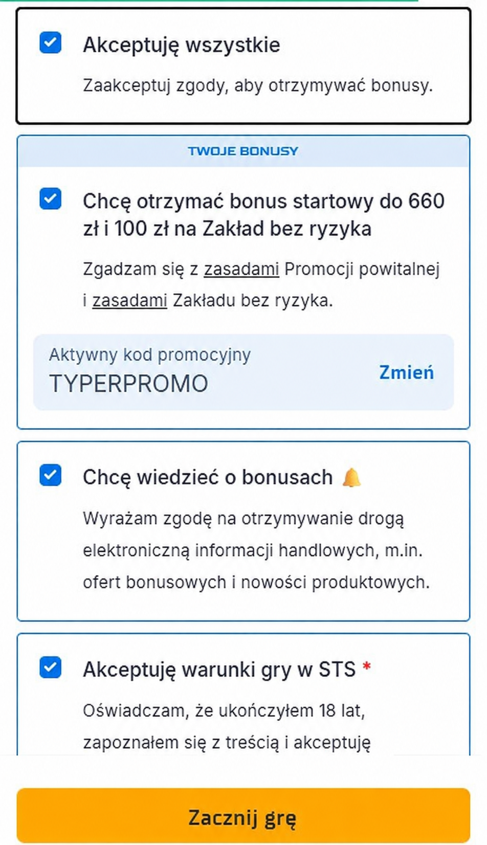 rejestracja z kodem promocyjnym sts typerpromo
